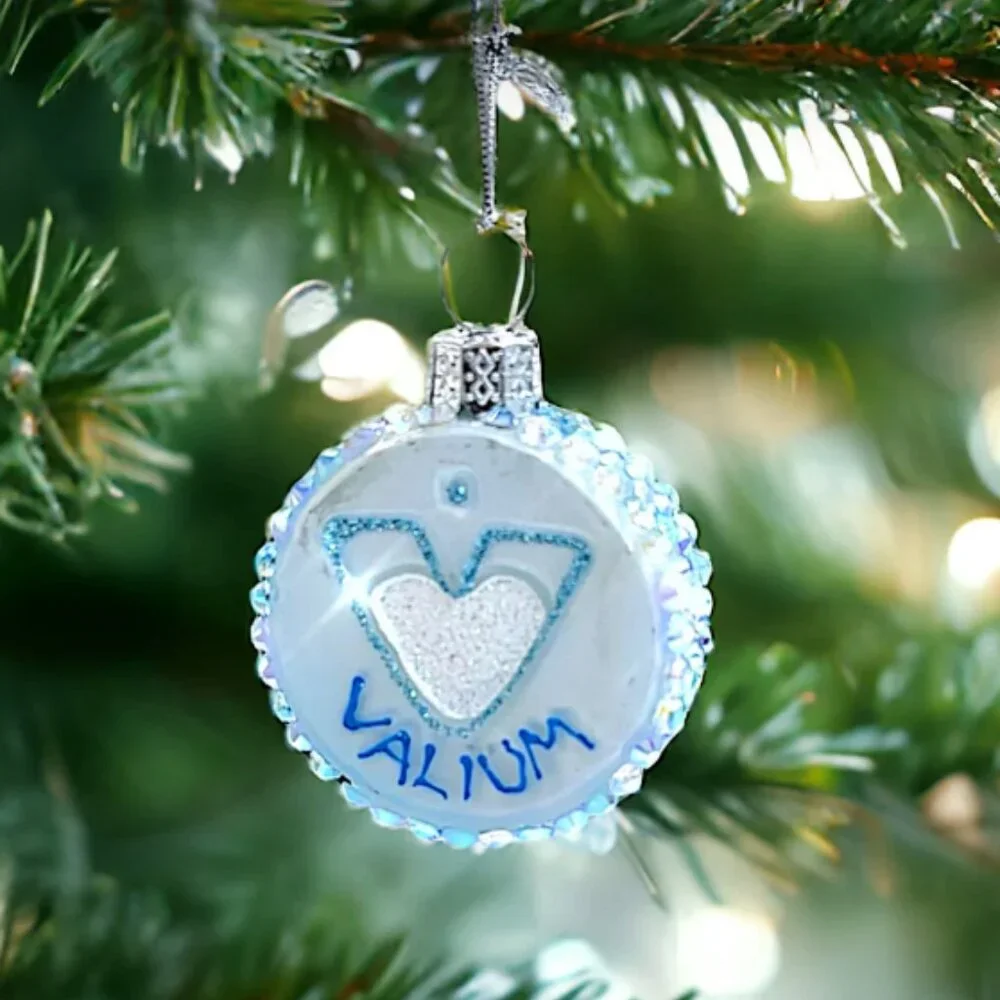 Valium Pill Ornament Blue Glitter Christmas Ornament NWT Novelty Holiday Decor